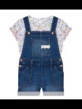 BCBG Blue Denim Short Overalls with Floral Tee
